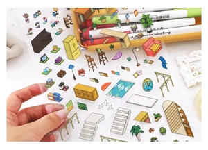 Detailed view of colorful home furniture stickers with 2.5D visual landscape effect