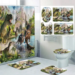 Waterproof dinosaur shower curtain set with matching non-slip bath mats and toilet rugs