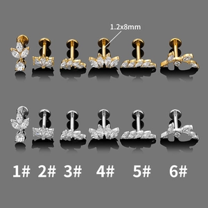 Surgical steel leaf crown labret studs with zircon in gold and silver, 1.2x8mm size
