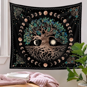 Detailed close-up of a bohemian Tree of Life wall tapestry with sun and moon phases