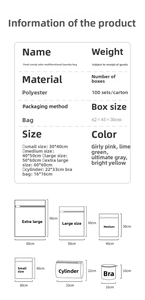 Detailed size chart for polyester mesh laundry bags in various pastel candy colors