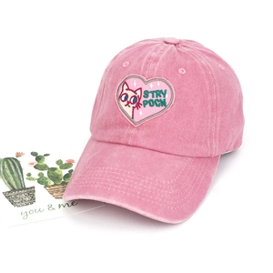 Pink washed cotton baseball cap with vintage cat heart embroidery patch for women