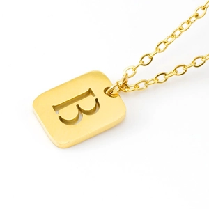 Gold plated stainless steel necklace featuring a rectangular letter B pendant on white background