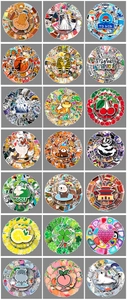 Macro display of diverse cartoon animal and sports stickers in neat circular grid layout