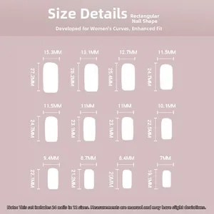 Size chart for 24pcs long coffin press-on nails with 12 specific dimensions in millimeters