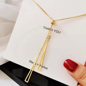 Minimalist gold tone thin chain necklace with double triangle geometric pendants