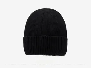 Detailed back view of a black ribbed knit beanie with thick fleece lining for winter