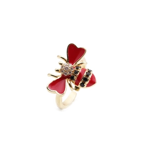 Chic 18K gold plated bee ring with red enamel wings and micro-pave zircon crystals