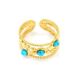 Adjustable gold flower ring in stainless steel with three round turquoise stones and beads