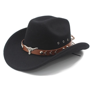 Detail of black wool fedora with leather band and metallic bull head ornaments