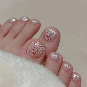 Aufpressbare Zehennägel Rotes Schleifen Design Metallic Silber Perlweiß Künstliche Falsche Fußnägel Für Frauen