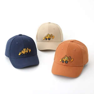 Three kids cotton baseball caps with excavator embroidery in navy, beige, and yellow