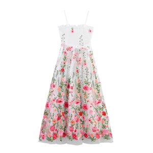 Robe Longue À Bretelles En Mesh Broderie Florale Taille Smockée Sans Manches Tulle Jupe Longue Douce Élégante Été Femmes