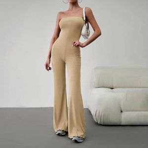 Elegant khaki strapless jumpsuit with slim fit and flared legs on a model