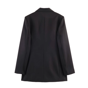 Elegant black double-breasted blazer for women with a cinched waist design, back view focus