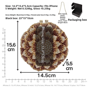 Detailed size specifications for the sunflower rhinestone metal evening bag with dimensions