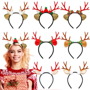 Christmas Reindeer Antlers Headband Plush Ears Bells Bowknot Party Hair Accessories Kids Adults Festival Costume Decoration
