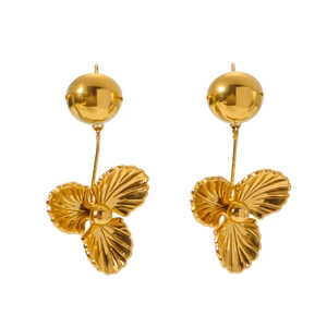 French style 18K gold plated stainless steel triple petal flower drop earrings for women