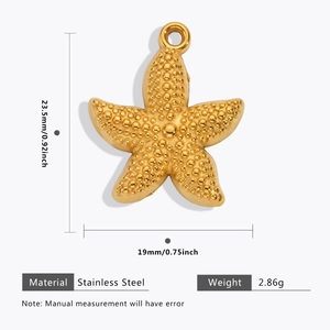 Macro detail van een gouden zeester hanger van roestvrij staal met afmetingen