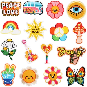 16-piece retro hippie embroidery patch set with colorful rainbow and flower designs