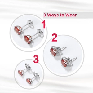 Macro detail of 3-in-1 S925 silver stud earrings with ruby red stone and pavé frame