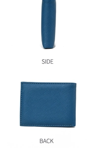 Detail view of the side and back of a blue cross-textured men's wallet with sharp stitching