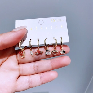 6-pair set of gold-plated drop earrings with assorted charms and colorful zircons