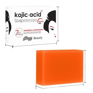Detailed view of kojic acid soap bars with precise measurements for face and body use