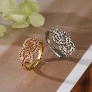 Minimalist Copper Rhinestone Open Ring For Women Elegant Geometric Infinite Knot Adjustable Gold Silver Plated Finger Jewelry