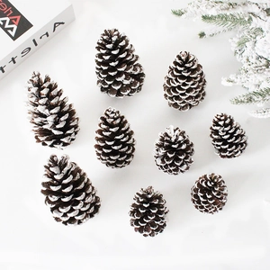 Set of nine natural snow-tipped pine cones for Christmas tree DIY decor and winter home accents