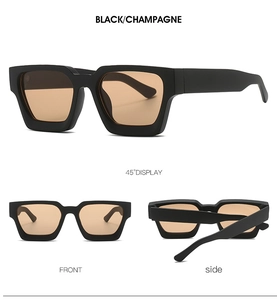 Multiple views of black square frame sunglasses with champagne lenses in detail