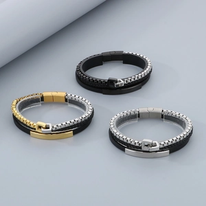 Three men's multi-layer woven leather bracelets with polished stainless steel chain details