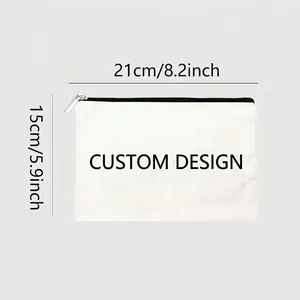 Close-up of canvas makeup bag showing 21x15cm dimensions and black zipper detail