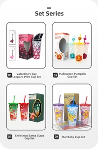 Four festive color-changing PP cups with straws in Valentine, Halloween, and Christmas themes