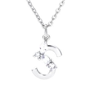 Macro view of silver S-letter pendant with micro-pave cubic zirconia on thin chain