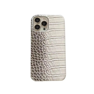 Gradient crocodile texture iPhone case with white and grey leather finish and metal camera rim