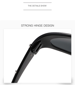 Detailed view of glossy black cyberpunk sunglasses with strong silver metal hinges