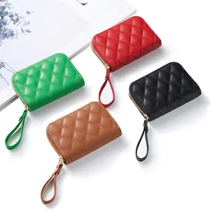 Diamond quilted leather card holder wallet with zipper and wristlet in four colors