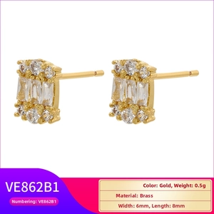 Detail showing 18K gold plated brass stud earrings set with square cubic zirconia