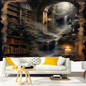 Detail of Halloween library tapestry showing stone arches and waterfall in a living room
