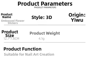 Detailed size chart and parameters for 5D embossed flower nail art stickers in a clean layout