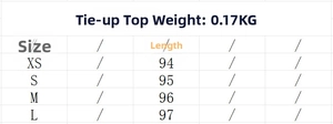 Detailed size chart for the tie-neck top showing measurements from XS to L in centimeters