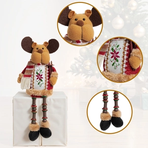 Detail of Christmas reindeer doll showing festive embroidery and wooden bead legs