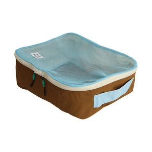 Brown and light blue large travel organizer bag with mesh window and sturdy handle
