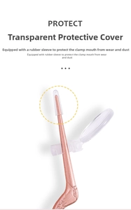 Detail of rose gold ear tweezers with protective cap and ergonomic engraved handle design