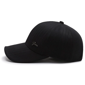 Men's black baseball cap with vertical striped texture and metal Fashion logo on a white background