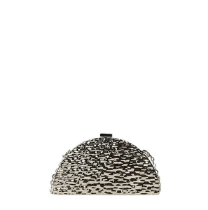 Detail view of the metallic textured fabric and silver chain on this semicircular evening bag