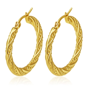 Golden round stainless steel earrings with textured bead pattern and 18K finish