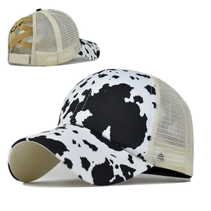 Ponytail Baseball Cap Women Cotton Mesh Cow Print Crisscross Back Adjustable Breathable Outdoor Sun Hat