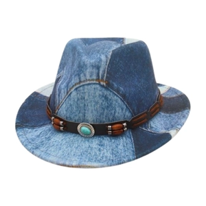 Kids vintage denim patchwork jazz hat with brown leather band and turquoise stone